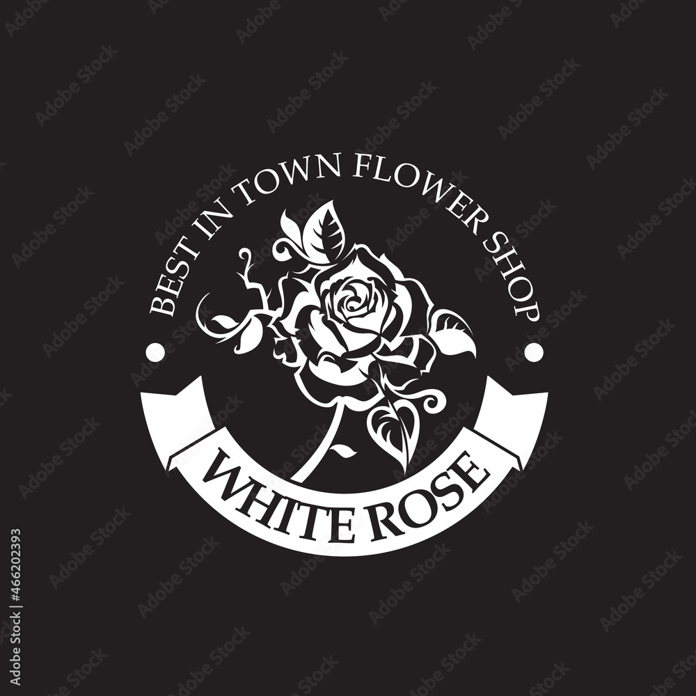 emblem of white rose bud for flower shop isolated on black background emblem of white rose bud for flower shop isolated on black background