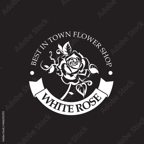 emblem of white rose bud for flower shop isolated on black background