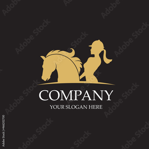 monochrome icon of horse head and woman isolated on black background