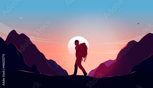 Man walking with backpack in front of sun with beautiful nature landscape and mountains in background. Hiking and freedom concept. Vector illustration