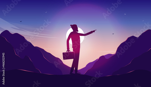 Going forward - Silhouette of businessman pointing the way forward while sun is rising in epic landscape. Career direction concept. Vector illustration. © Knut