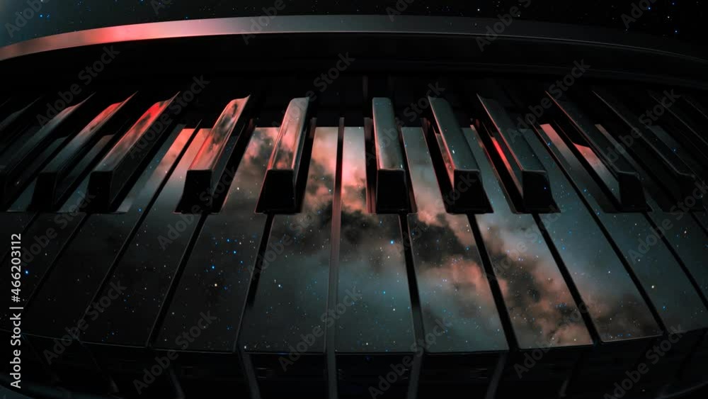 A glossy piano keyboard. Piano keys reflecting the night sky with the milky way.