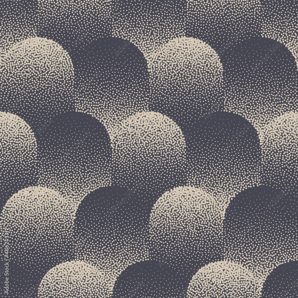 Unusual Aesthetic Stippled Seamless Pattern Geometric Vector Abstract Background. Hand Drawn Tileable Modern Boho Texture Dotted Rounded Repetitive Wallpaper. Halftone Retro Colors Art Illustration
