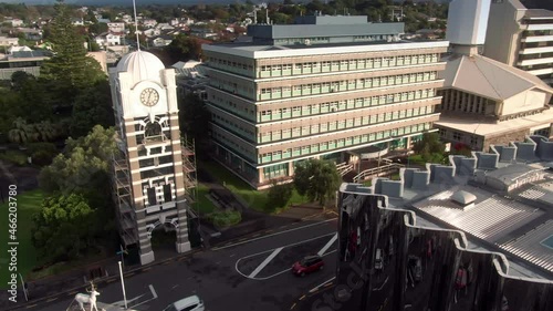Aerial: Clock Tower and downtown New Plymouth, Taranaki, New Zealand photo