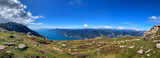 Panoramic view from Mount Baldo looking west to Lake Garda. Northern Italy, Europe.