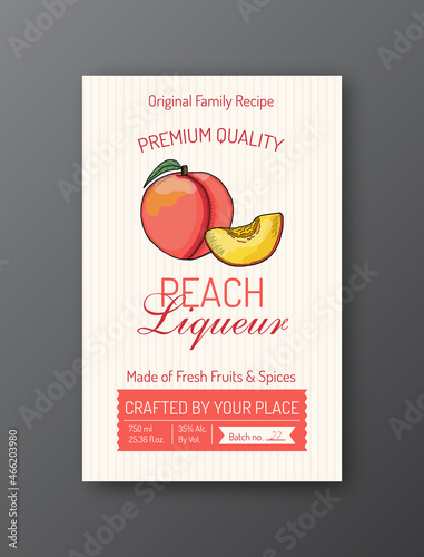 Family recipe Peach liqueur alcohol label template. Modern vector packaging design layout. Retro banner with typography and hand drawn fruit. Isolated