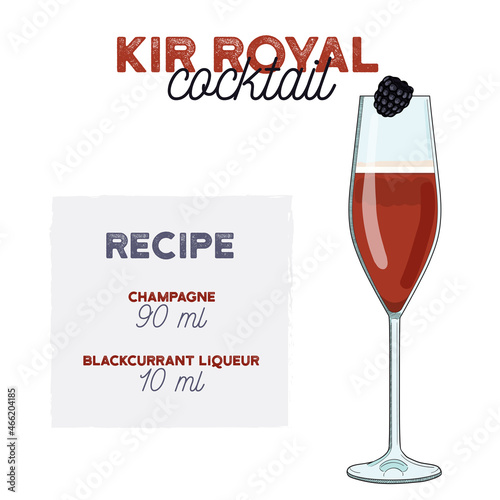 Hand Drawn Colorful Kir Royal Summer Cocktail. Drink with Ingredients