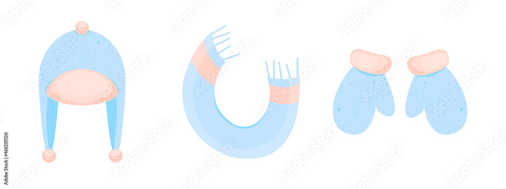 Set of cute blue winter scarf, mittens, headwear. Concept of clothes, cold. Vector illustration. Set of cute blue winter scarf, mittens, headwear. Concept of clothes, cold. Vector illustration.