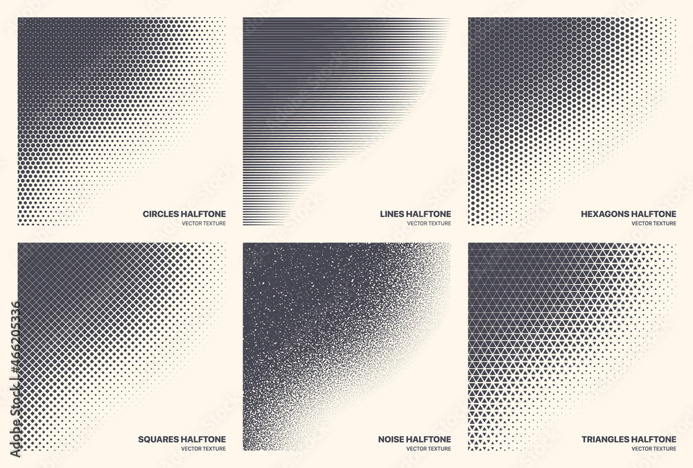 Different Variations Halftone Texture Set Vector Abstract Geometric Curved Border Isolated On Background. Various Half Tone Pattern Textures Collection Circles Lines Noise Squares Hexagons Triangles