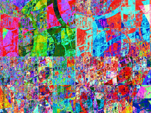 Composición de arte digital fractal formada por trazos en colores fluorescentes que forman un mosaico de azulejos salpicados de pintura.