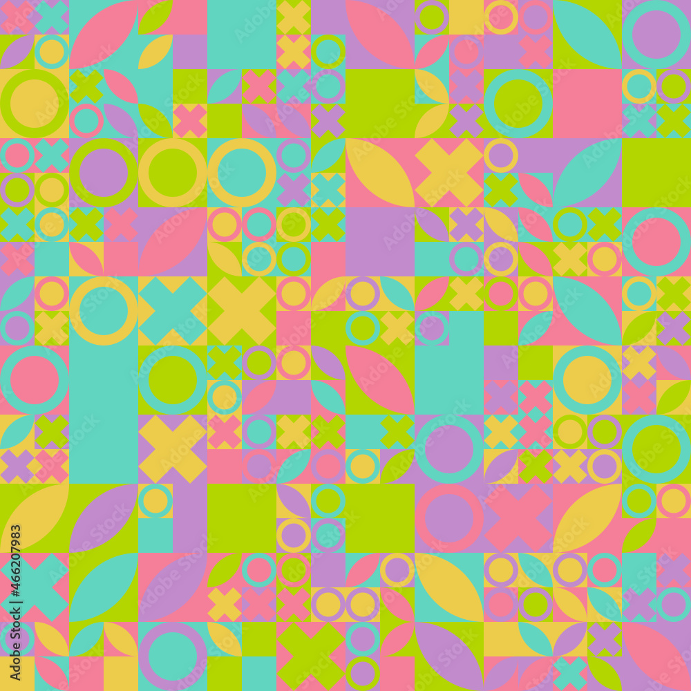 Patrón geométrico abstracto compuesto de formas variadas en tonos de colores neón oscuros. Patrón geométrico abstracto compuesto de formas variadas en tonos de colores neón oscuros.