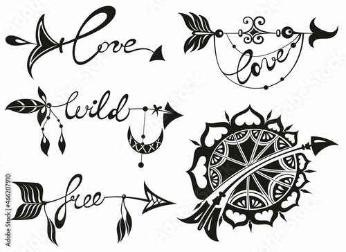 Wild,love,free word in boho arrow - lovely lettering calligraphy quote