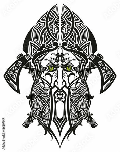 Ancient viking head in a circle with scandinavian ornament logo for mascot design.