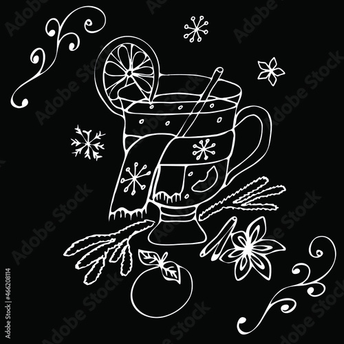 Hand-drawn winter illustration with mulled wine. White contour of a festive drink on a black background for cards, invitations, signs and menus. Vector illustration. 
