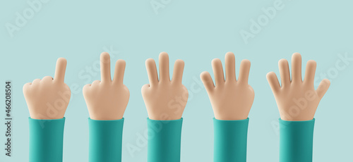 Cartoon person hands counting from one to five with fingers. 3d render of counting hand on blue background. Pointing, victory sign, hello gesture