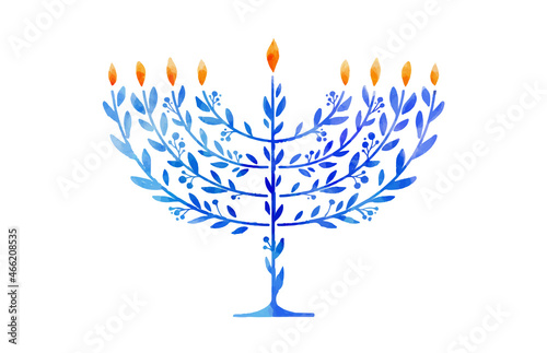 Happy Hanukkah, vector watercolor illustration, banner design. Traditional jewish holiday greeting card with menorah and dreidels