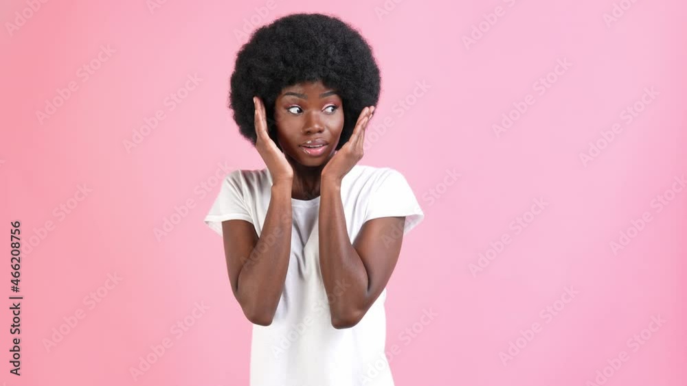 Scared thrilled troubled lady hands cover face look empty space Scared thrilled troubled lady hands cover face look empty space