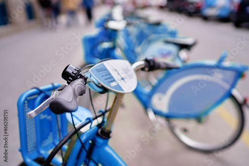 City bikes rent parking. Shared bicycle concept.