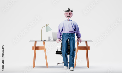 Awesome Travor standing leaning on the desktop like a boss. Highly detailed fashionable stylish abstract character isolated on white background. 3d rendering photo