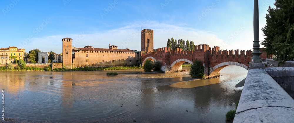 scaliger bridge in verona at sunset in summer panoramic picture