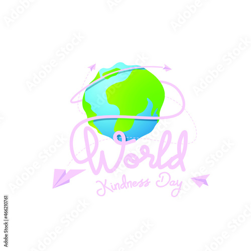 World kindness day background with copy space on pink- purple background. Cute world's kindness Day Logo with paper planes and globe for banner and wallpaper