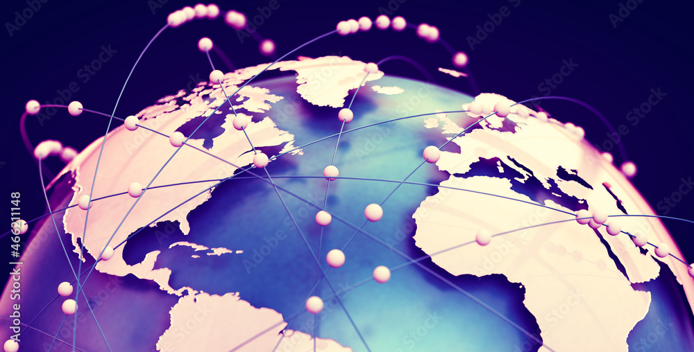 Fototapeta premium Telecomunicaciones globales y computación en la nube. Ilustración 3d del concepto de red e internet y mapa mundial.