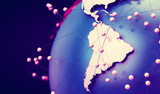 Telecomunicaciones globales y computación en la nube.Mapa de América del Sur. Ilustración 3d del concepto de red e internet y mapa mundial.