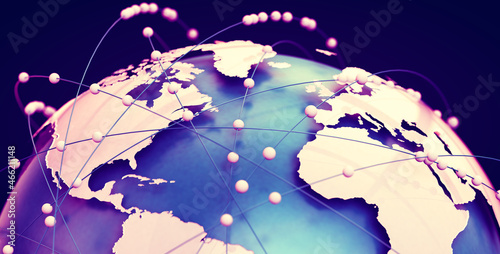 Telecomunicaciones globales y computación en la nube. Ilustración 3d del concepto de red e internet y mapa mundial. photo