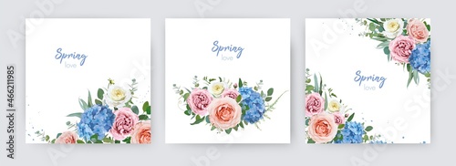 Vector wedding invite card, save the date, greeting, poster template set. Elegant editable spring bouquet: blue hydrangea flowers, pink, peach, yellow roses, green eucalyptus leaves. Chic illustration