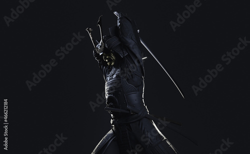 Fotografie, Obraz Silhouette of the upper body of a samurai wearing armor and wielding a sword, from the side
