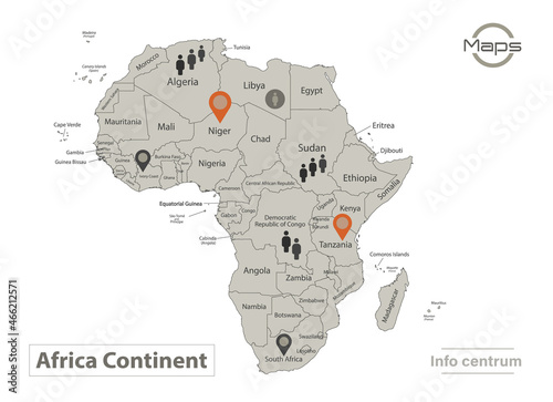 Africa map, individual states with names, Infographics and icons vector
