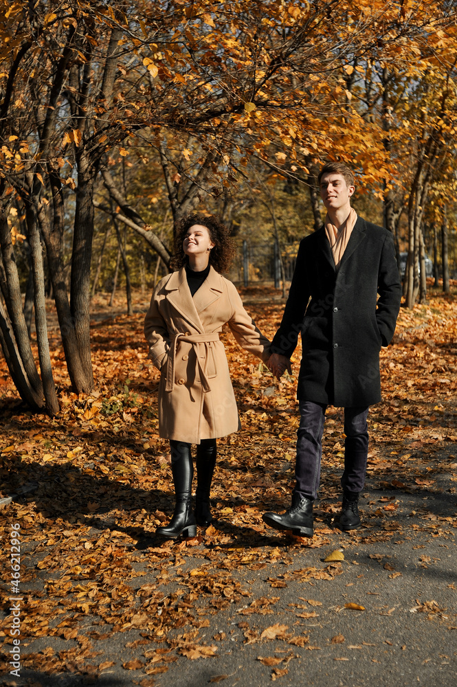 Fototapeta premium Happy young couple has fun in the autumn park. Young woman and man walking outdoors.