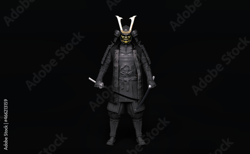 Full-length portrait of a samurai wearing armor and holding a sword in each hand. 3D illustration.