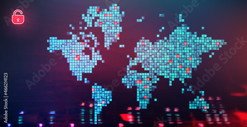 Cyber attack background with map of the world. Hacking concept illustration