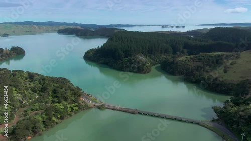 Aerial: Kawhia Harbour and road bridge, Owhiro, Waikato, New Zealand photo