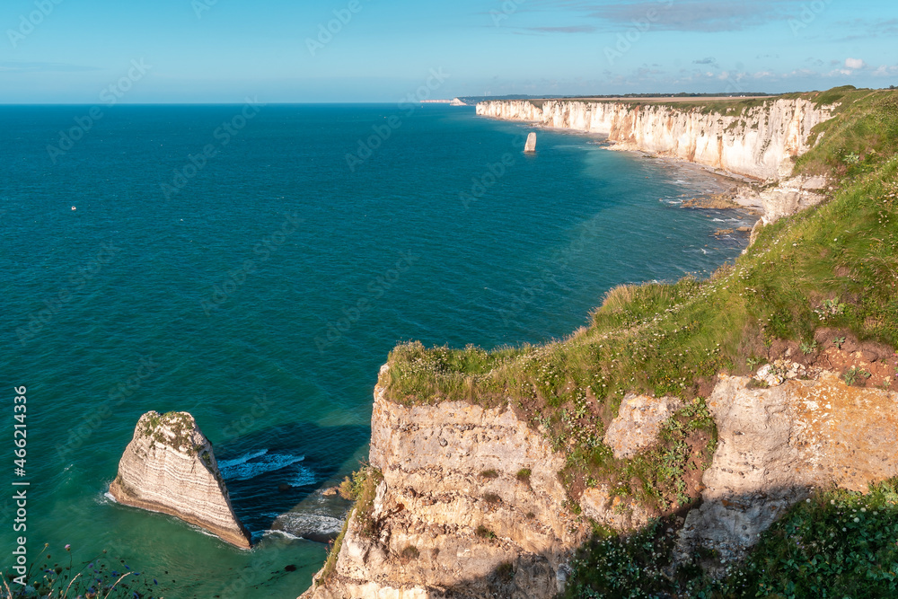 Steep chalk cliffs of Etretat in Normandy, France