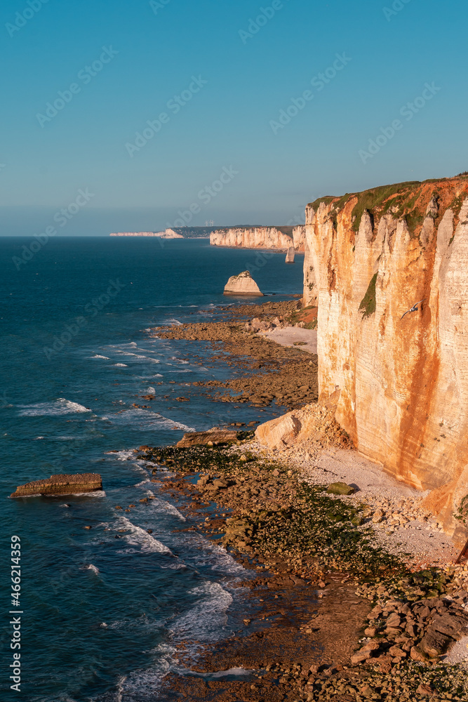 Steep chalk cliffs of Etretat in Normandy, France