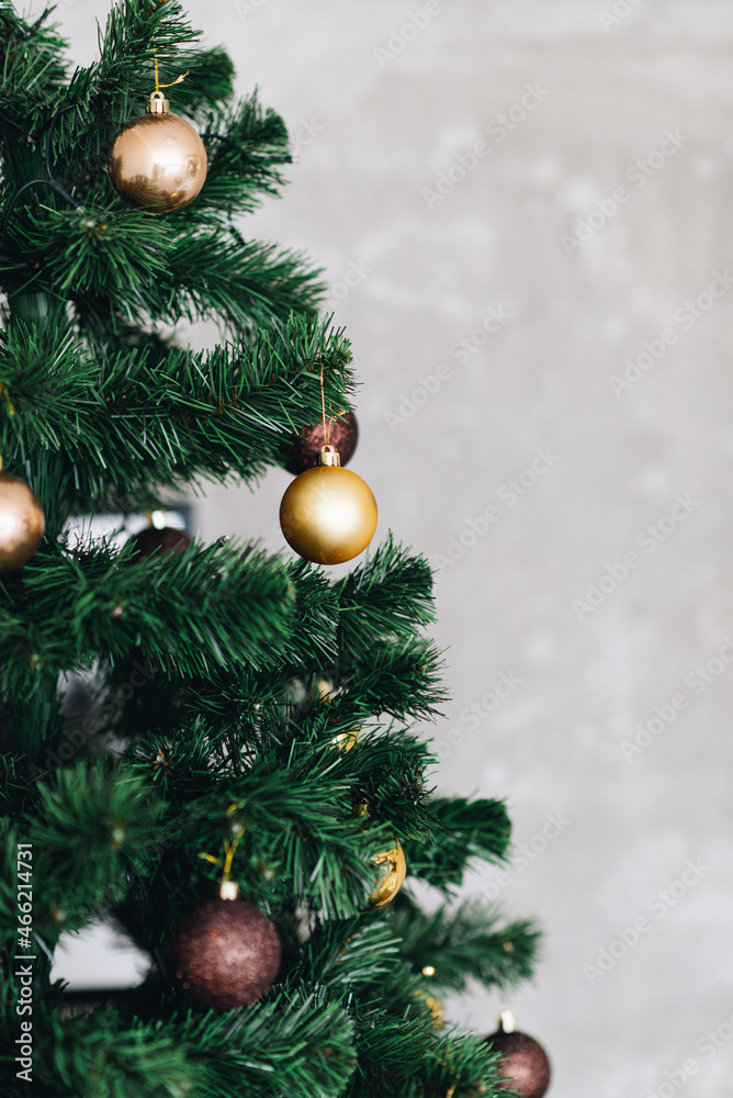 Festive Christmas background. Decorated Christmas tree, with lights and decor. Copy space or space for text. Winter holidays season background. Festive Christmas background. Decorated Christmas tree, with lights and decor. Copy space or space for text. Winter holidays season background.
