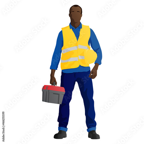 African-American construction worker with a toolbox and yellow helmet. Vector flat style illustration isolated on white
