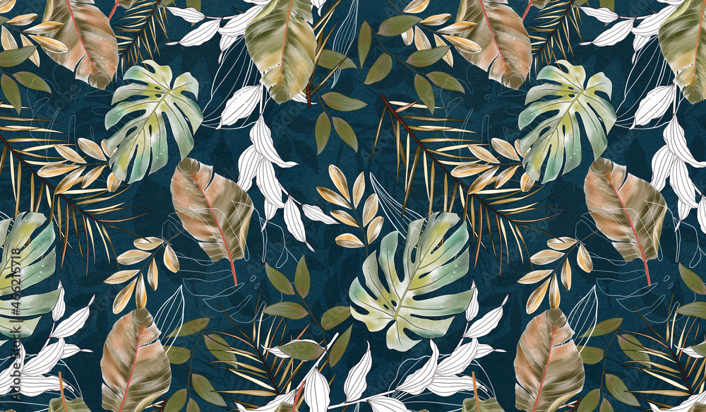 Beautiful pattern of tropical leaves. Wall decor. A mural for the room. Photo wallpapers for the interior. Tropical pattern of different leaves. Painted leaves. - obrazy, fototapety, plakaty 