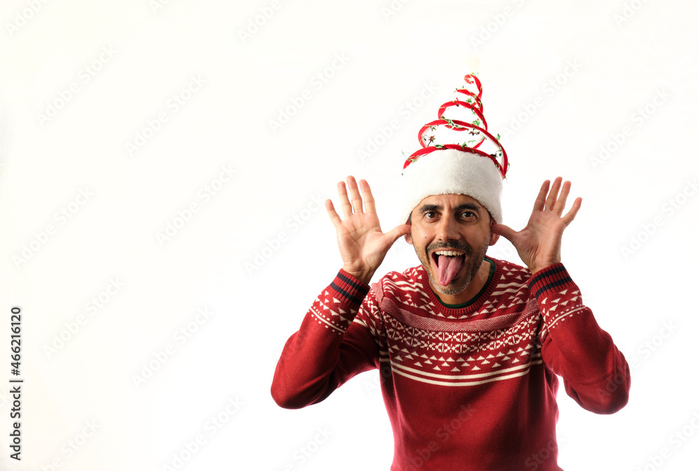 man in sweater and red christmas hat on white background man in sweater and red christmas hat on white background