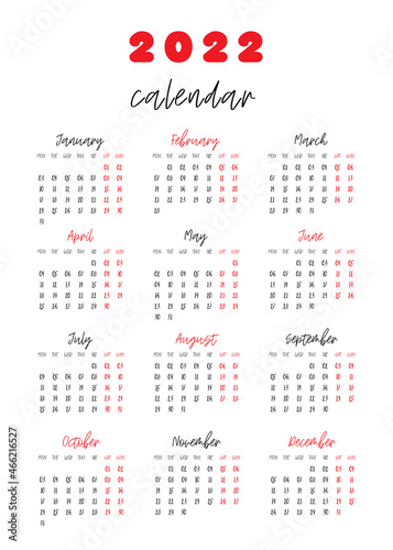 Calendar for 2022 isolated on a white background. Sunday to Monday, business template. Vector illustration 