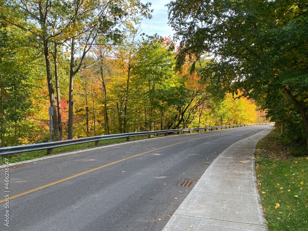 Route asphaltée dans un paysage automnal coloré. Courbe dans la chaussée en zone rurale, campagnarde. Trottoir pour piétons en bordure de la rue.