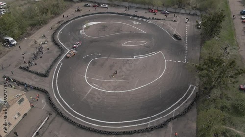 Aerial drone view of the open-air street racing and drift track