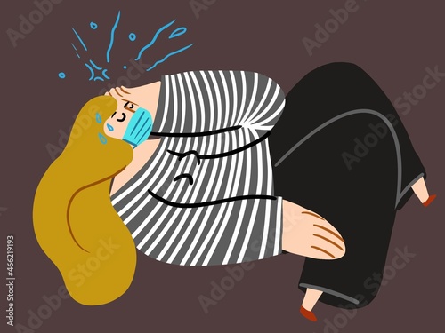 Woman wearing face mask feeling ill, odd body style illustration