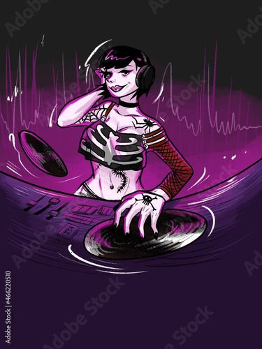 Cute and creepy DJ woman spins disks at night club for halloween dance and music party