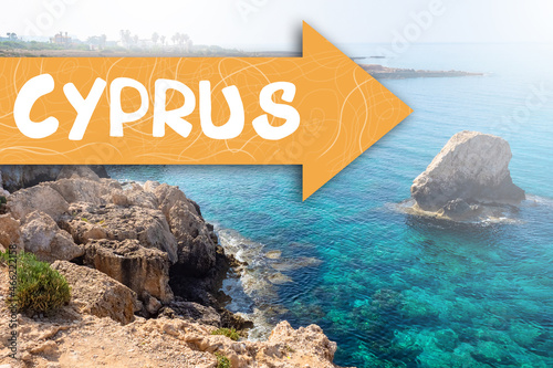 Rock Aphrodite in Cyprus. Paphos city coastline landscape. Stone of Aphrodite in city of Paphos. Cyprus beach. Mediterranean coast with Cyprus logo. Coast of Paphos view from a quadcopter. photo