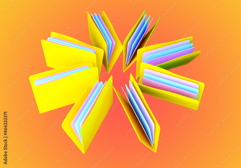 Folders with papers. Information archive. Visualization of document folders on orange background. Storage of documentation. Paper or electronic data. Information organization concept. 3d image. Folders with papers. Information archive. Visualization of document folders on orange background. Storage of documentation. Paper or electronic data. Information organization concept. 3d image.