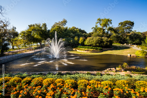 Beautiful fountain in the Dallas botanical garden in fall season