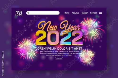 Happy new year 2022 landing page with fireworks and editable text on blurred purple bokeh background